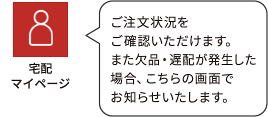 宅配マイページ：ご注文状況をご確認いただけます。また欠品・遅配が発生した場合、こちらの画面でお知らせいたします。