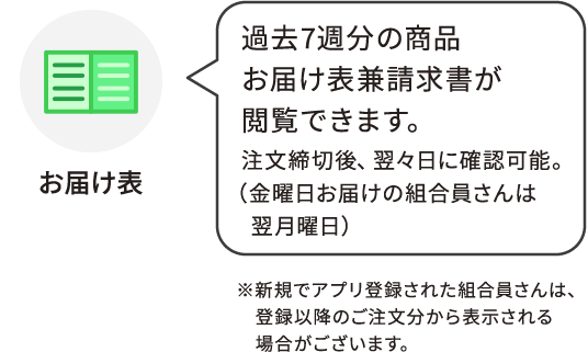お届け表：過去6週分の商品お届け表兼請求書が閲覧できます。
