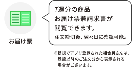 お届け表：7週分の商品お届け表兼請求書が閲覧できます。