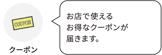 クーポン：お店で使えるお得なクーポンが届きます。